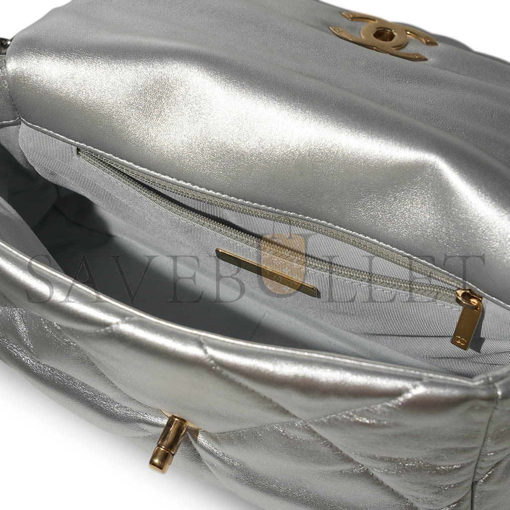 CHANEL 19 FLAP BAG SILVER QUILTED LAMBSKIN GOLD AND RUTHENIUM HARDWARE AS1160 (26*16*9cm)